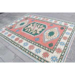 Turkish Vintage Large Rug 7.2x8.9 ft, <b>Red</b> Abstract Rug <b>Wool</b> - Product Image 2