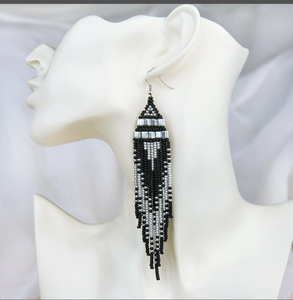 High Quality Fringe Seed Bead Long <b>Earrings</b>, <b>Black</b> and White Long Beaded Fringe <b>Earrings</b> Fringe Tassel <b>Earrings</b> - Gold - Long - Product Image 2