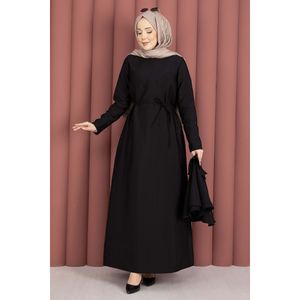 Minimalist Black <b>Cape</b> Detail Woolen Dress with Lace-Up for Daily Wear - Product Image 3