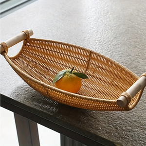 Promotions! Corbeille à fruits en rotin tissé à la main, style ferme rustique, bol décoratif avec poignées en bois - Product Image 3