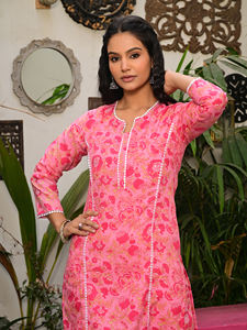 Kurti décontracté pour femmes, en coton rose à rayures imprimées, séchage rapide, manches trois quarts, ethnique, pour les fêtes - Product Image 6