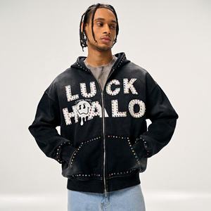 Sweat à capuche vintage en coton à double fermeture éclair, sweat à capuche en molleton français lavé, sweat à capuche à fermeture éclair avec strass, épaules tombantes, sweat à capuche surdimensionné à fermeture éclair - Product Image 3