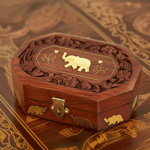 Luxurious Handcrafted Elephant Inlay Wooden Jewellery <b>Box</b> Rectangle and <b>Heart</b> <b>Shape</b> with PC Metal Inlay for Storing Jewelry - Product Image 1