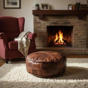 Puf de Cuero Marroquí Hecho a Mano, Otomana Tradicional Artesanal, Decoración del Hogar, Asiento Boho para Sala de Estar - Product Image 4