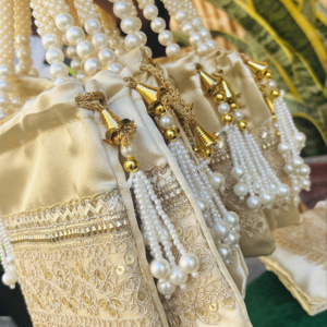 Elegant <b>Ivory</b> Pearl Potli Pouch with Hand Embroidery Golden Tassels & Beaded Handle High Quality Luxury Bridal Wedding Potli Bag - Product Image 1