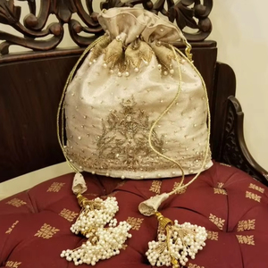 ELEGANT Wrist POTLI Bags on RAW-SILK FABRIC WITH Crystal Glass Beads,stone,Pearl & DABKA EMBROIDERY for Party-Wear/<b>Wedding</b>=2025 - Product Image 1