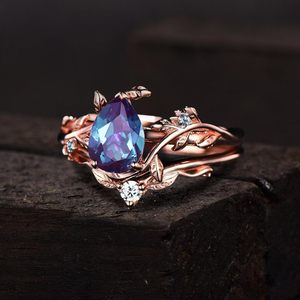 925 plata esterlina alejandrita compromiso 18K placa de oro Art Deco hoja anillo de boda conjunto para mujer regalo - Product Image 6