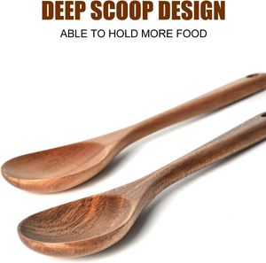 Cuillères de cuisine en bois, ensemble d'ustensiles de cuisine pour le service, cuillère en bois d'acacia, ustensiles de cuisine essentiels pour l'appartement, coin en bois - Product Image 3