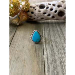 Kingman <b>Turquoise</b> Sterling Silver <b>Ring</b> Size 7.5-Navajo Handmade Boho Fine Jewelry - Product Image 1