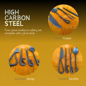 Ensemble de couverts vikings forgés à la main de haute qualité, 4 pièces (fourchette, cuillère, couteau), légers et portables, couverts médiévaux avec étui en cuir pour le camping - Product Image 4