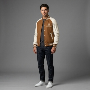 Chaqueta de Lana Marrón para Hombre con Mangas Crema, Logotipo Personalizado, Cuello y Puños de Punto Acanalado, Cierre Frontal con Broches, Estilo Bomber, Prenda Exterior Premium de Moda Urbana - Product Image 3