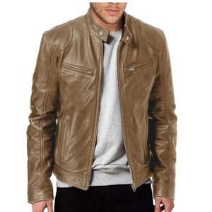 Veste en cuir pour homme, mode automne, couleur unie, fermeture éclair, veste de moto, veste décontractée à manches longues avec fermeture éclair et boutons pour homme - Product Image 5