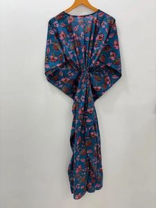 Hecho a mano de verano Floral Rosa algodón Kaftan Maxi vestido Casual hasta el suelo batas con cintura Natural para playa cubierta ropa de dormir - Product Image 5