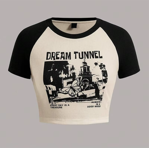 T-shirts à manches raglan sérigraphie personnalisés à la mode pour les filles Streetwear écologique contraste haut court t-shirts teint uni - Product Image 1