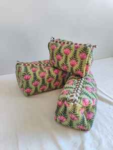 Set Of 3 Cotton Quilted <b>Makeup</b> <b>Bag</b> & Organizer Cotton Toiletry Case <b>Travel</b> <b>Bag</b> Floral Print <b>Makeup</b> <b>Bag</b> Toiletries Organizer <b>Bag</b> - Product Image 3