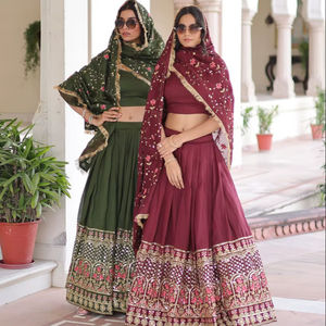 Lahenga Choli Dupatta Vichitra de Otoño, Cintura Natural, Silueta Holgada, Estilo Dulce, Largo hasta el Suelo, Bordado con Hilo de Seda y Lentejuelas - Product Image 1