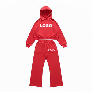 Custom Logo Embroidery <b>Oversize</b> Crop Hoodie & <b>Sweatpants</b> Streetwear Heavyweight 100% Cotton Fleece Tracksuit For Unisex - Product Image 1