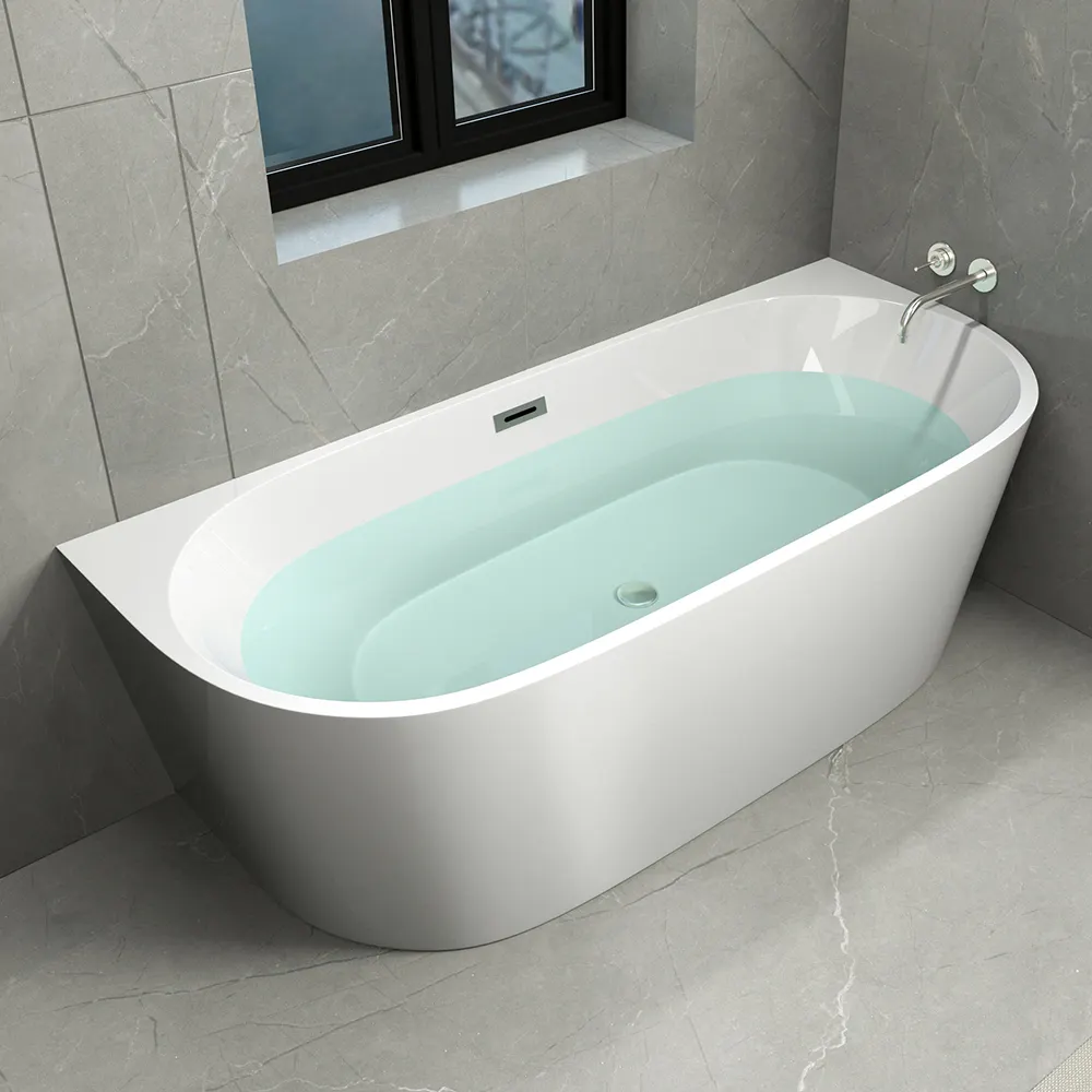 Baignoire moderne en acrylique de 1.5m et 1.7m, baignoire carrée autoportante, baignoire dos à mur sans débordement