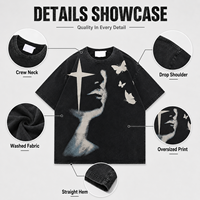 T-shirt en coton lavé pour homme, coupe ample, col rond, épaules tombantes, imprimé graphique artistique visage et papillon, style Hip Hop High Street