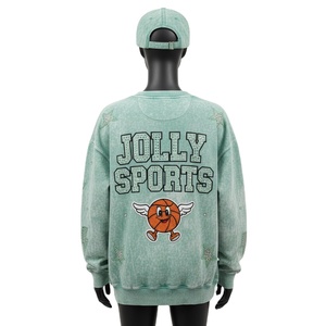 Sweat-shirt oversize en molleton de haute qualité, coton et polyester, lavage à l'acide, vert menthe, logo en chenille avec strass, sweat-shirts basiques pour femmes - Product Image 2