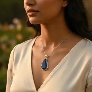 Colgante de Plata 925 Hecho a Mano con Piedra Azul y Detalles en Oro Rosa, Estilo Religioso para Uso Diario, Amuleto para Mujer, Joyería de Oro, Regalo - Product Image 2