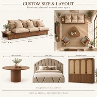 Ensemble de meubles personnalisés pour toute la maison : canapé en tissu, chaises en rotin, table à manger en placage de bois, lit rembourré pour chambre et salon