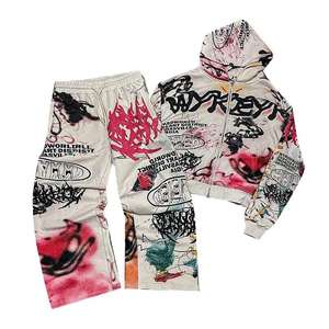 Streetwear OEM Y2K Ensemble de pantalons de survêtement à capuche Impression graphique personnalisée Survêtement deux pièces pour hommes 100% coton Fermeture éclair complète Street Wear - Product Image 1