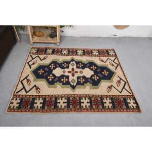 Alfombra de lana geométrica azul beige clásica vintage 4,3 'X 4,9 'Diseño de retazos Rectangular para decoración de dormitorio látex viscosa - Product Image 3
