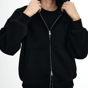 Sweat à capuche en molleton 100% coton pour homme avec fermeture éclair double coulisse personnalisable, motif uni, poids lourd, col à capuche pour l'hiver - Product Image 2