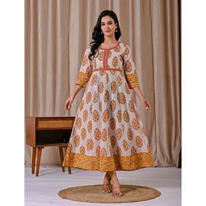 Vestido de Algodón Gris Amarillo con Cierre de Botones, Estampado Butta Block, Diseño Personalizado para Fiestas Casuales, Talla XS, Transpirable, Largo hasta el Suelo - Product Image 4