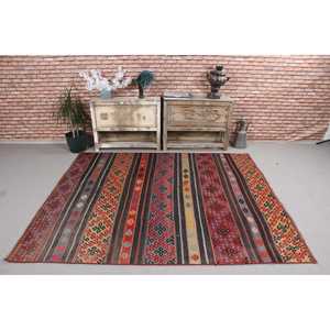 Tapis turc 5,6 x 6,7 pieds, tapis vintage, tapis en laine rouge et noir à motifs floraux - Product Image 2