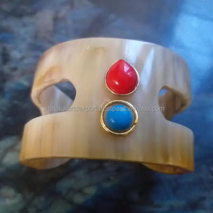 Wholesale Ox Horn Cuff <b>Bracelet</b> with <b>Rainbow</b> Pearls & Beads Unique Statement Jewelry for Ladies Cuff Bangles by FWE - Product Image 3