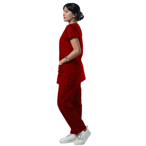 Diseño de moda rojo tejido médico Scrubs Set mujeres profesional Hospital enfermera uniforme cuello en V Top pantalones clínica uso sanitario - Product Image 2