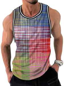 Camiseta sin mangas con cuello redondo de talla grande para hombre, chaleco deportivo informal transpirable con rayas a cuadros, camiseta sin mangas de estilo callejero a la moda con estampado 3D - Product Image 4