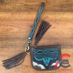 Porte-monnaie en cuir suédé avec pompon pour femme Porte-cartes Western en cuir véritable Porte-clés portefeuille - Product Image 1