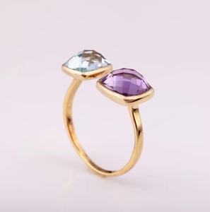 Prime Grade 925 Silver Fashion Ring 14K Gold Plated with Natural Blue Topaz and Amethyst Diamond Elegant Jewelry - Product Image 1