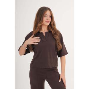 Blusa de Manga Corta para Mujer con Cuello Camisero Color Café, Venta al por Mayor de Blusas y Camisas - Product Image 2