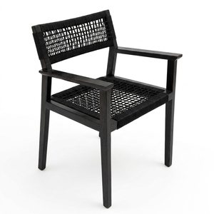Fauteuil d'appoint en bois massif noir avec accoudoirs en corde tressée, couleur anthracite, pour extérieur, patio, jardin, design artistique et décoratif - Product Image 1