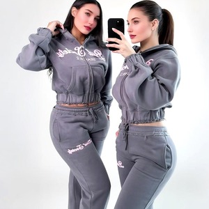 Women Two Piece Distressed Embroidery Tracksuit 100% Cotton Acid Wash Zip up Hoodies and <b>Sweatpants</b> Set Custom Sweat Suits Women - Product Image 3