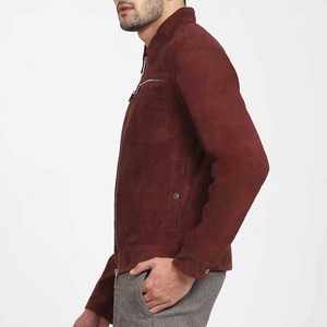Classic <b>Brown</b> <b>Men</b> <b>Suede</b> Leather Canvas Winter <b>Jacket</b> with Stand Collar Waterproof & Breathable Front Logo for Casual Outdoor Use - Product Image 2