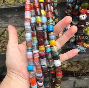 Perles de baril de tube ethnique faites à la main turques marbrées colorées Artisan multicolore motif rond de 8mm et 4mm pour la fabrication de bijoux - Product Image 1