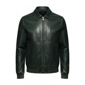 Veste d'hiver en cuir véritable premium 2026, vert foncé, coupe ajustée, style bomber, col mandarin, logo frontal, respirante - Product Image 1