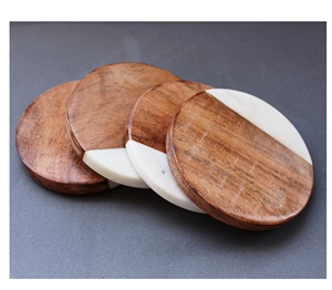 5pc Marble <b>Coaster</b> <b>Set</b> Warm Natural Wood <b>and</b> Marble Mango <b>coaster</b> Made in India - Product Image 6