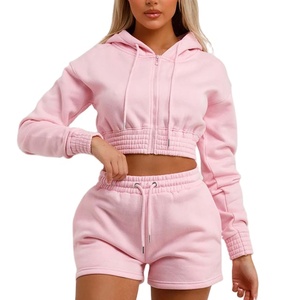 Custom Two Piece Distressed Woman Cotton Blank <b>Zip</b> up Cropped Sweatsuits Jogging Hoodie Tracksuits 2 Piece <b>Shorts</b> Set for Women - Product Image 1