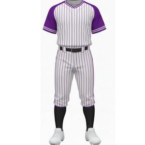 Ensemble uniforme de baseball professionnel violet à manches raglan, corps blanc avec rayures violettes et pantalon assorti - Product Image 2