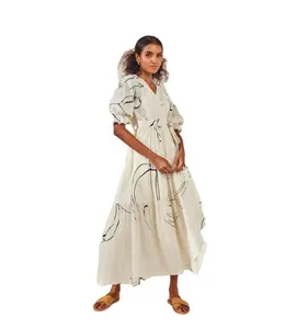 여름 여성 핫 판매 리조트 착용 프릴 짧은 소매 발목 길이 v 넥 랩 인쇄 드레스