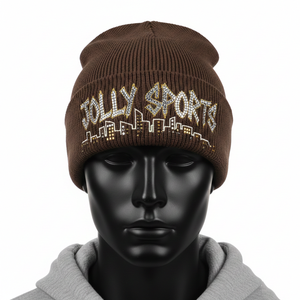 Bonnet en tricot jacquard de style urbain avec logo en strass personnalisé en transfert thermique, en acrylique extensible de qualité supérieure 250 GSM, ton brun - Product Image 1