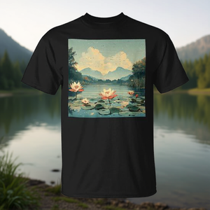 T-shirt graphique vintage avec paysage de lac serein et nénuphar - Product Image 3