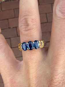 Anillo de Compromiso de Oro de 9k con Zafiro Azul Amarillo Talla Oval Genuino, Anillo de Eternidad, Aniversario de Bodas - Product Image 3