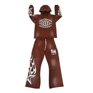 Ropa de calle lavada con piedras ácidas personalizada, pantalones acampanados abiertos de pierna ancha holgados, chándal con estampado de diamantes de imitación, sudadera con dobladillo crudo - Product Image 1